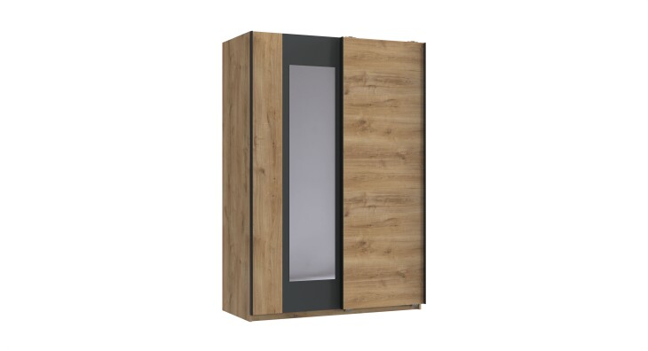 Schwebetürenschrank >TEXEL< mit Spiegel, PLANKENEICHE Dekor + GRAPHIT - 135x198x65 (BxHxT)