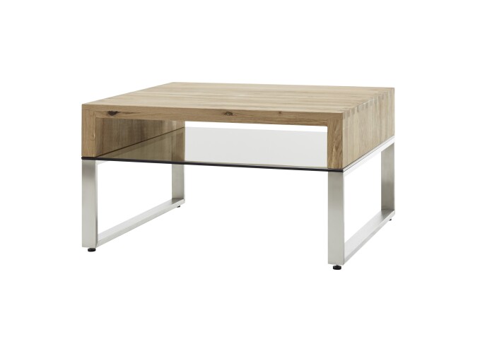 Couchtisch >HILARY< Glasablage, Eiche, Massivholz - 70x39x70cm (BxHxT)