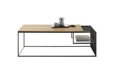 Couchtisch >JUBA< in Eiche, Massivholz / Metall / Klarglas - 120x40x60cm (BxHxT)
