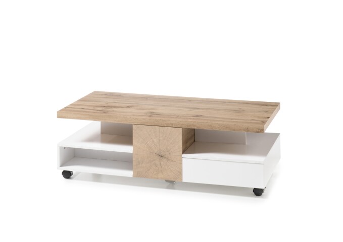 Couchtisch >RENNES< mit Fach+Schub, MDF weiss / Dekor Eiche - 120x40x60 (BxHxT)