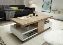 Couchtisch >RENNES< mit Fach+Schub, MDF weiss / Dekor Eiche - 120x40x60 (BxHxT)