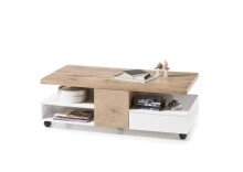 Couchtisch >RENNES< mit Fach+Schub, MDF weiss / Dekor Eiche - 120x40x60 (BxHxT)