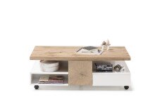 Couchtisch >RENNES< mit Fach+Schub, MDF weiss / Dekor Eiche - 120x40x60 (BxHxT)