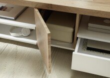Couchtisch >RENNES< mit Fach+Schub, MDF weiss / Dekor Eiche - 120x40x60 (BxHxT)