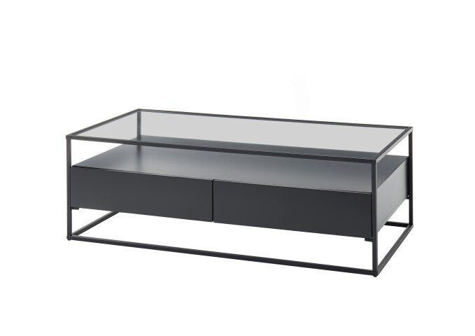 Couchtisch >EVORA< 2 Schübe, Ablage, Glas / schwarz - 120x40x60 (BxHxT)