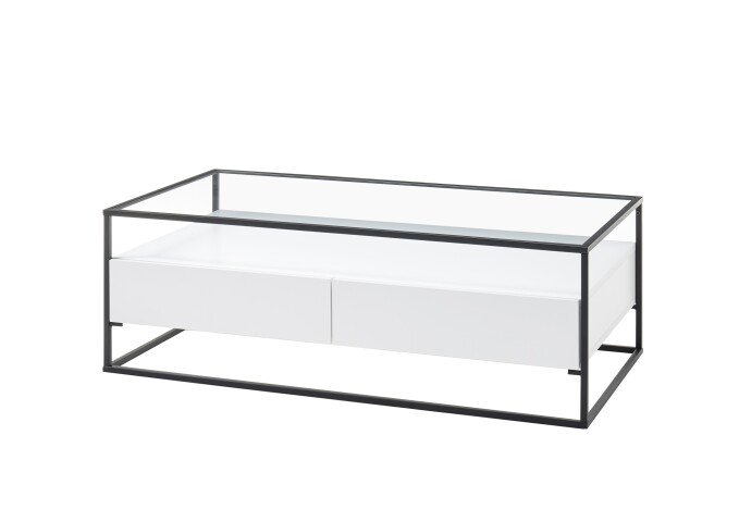Couchtisch >EVORA< 2 Schübe, Ablage, weiss / Glas - 120x40x60 (BxHxT)