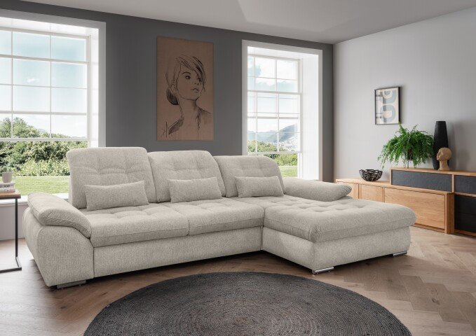 Polstergarnitur >Riordan< Schlaffunktion, Stauraum, Webstoff Corto beige - 314x104x184 (BxHxT)