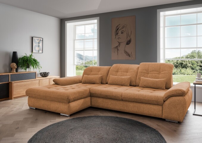 Polstergarnitur >Riordan< Schlaffunktion, Stauraum, Webstoff Corto curry - 314x104x184 (BxHxT)