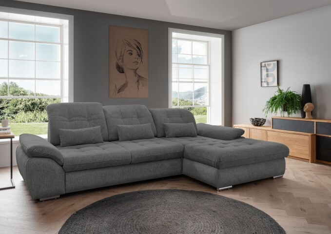 Polstergarnitur >Riordan< Schlaffunktion, Stauraum, Webstoff grau/braun - 314x104x184 (BxHxT)