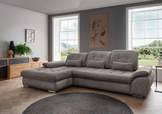 Polstergarnitur >Riordan< Schlaffunktion, Stauraum, Webstoff grau/braun - 314x104x184 (BxHxT)