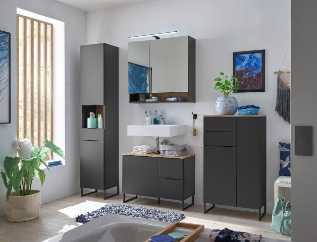 Badezimmer-Set >Denver< (4-tlg.) in schwarz / Evoke Eiche Dekor - 220x195x35 (BxHxT)