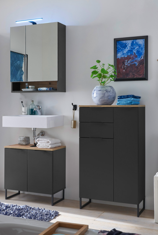 Badezimmer-Set >Denver< (3-tlg.) in schwarz / Evoke Eiche Dekor - 140x195x35 (BxHxT)
