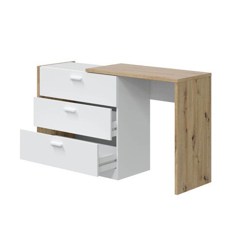Kombikommode >Kommo< Schreibtisch Asteiche Dekor / Artik Weiß - 130x75x40 (BxHxT)