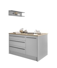 Kochinsel >Denver< Fächer, Schübe, Stauraum, Grau / Eiche Dekor - 145x91x90cm (BxHxT)