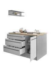 Kochinsel >Denver< Fächer, Schübe, Stauraum, Grau / Eiche Dekor - 145x91x90cm (BxHxT)