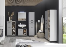 Badezimmerspiegelschrank >Tunis< LED, 3 Türen, grau matt / sonoma eiche - 65x65x16 (BxHxT)