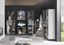 Badezimmerspiegelschrank >Tunis< LED, 3 Türen, grau matt / sonoma eiche - 65x65x16 (BxHxT)