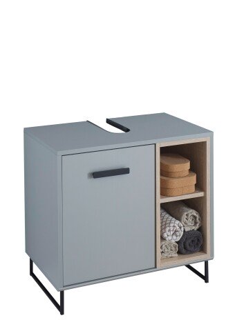 Waschbeckenunterschrank >Tunis< 1 Tür, 2 Fächer, grau matt / sonoma eiche - 65x61x38cm (BxHxT)