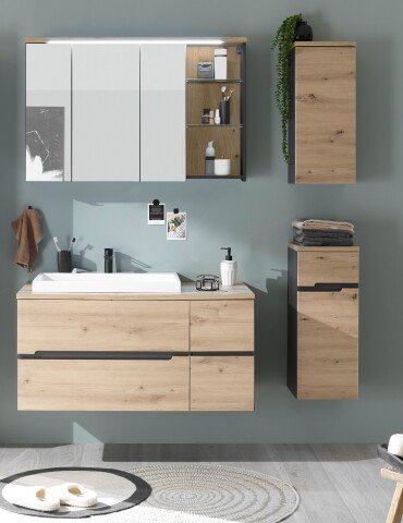 Badezimmer-Set >Memphis< (4-tlg. ) Grau / Artisan Eiche Dekor - 160x176x53 (BxHxT)