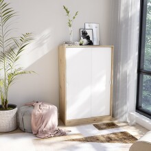 Schuhschrank >GARONA< 2 Schiebtüren, Asteiche Dekor / Artik Weiß - 77x119x40 (BxHxT)