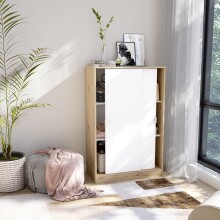 Schuhschrank >GARONA< 2 Schiebtüren, Asteiche Dekor / Artik Weiß - 77x119x40 (BxHxT)