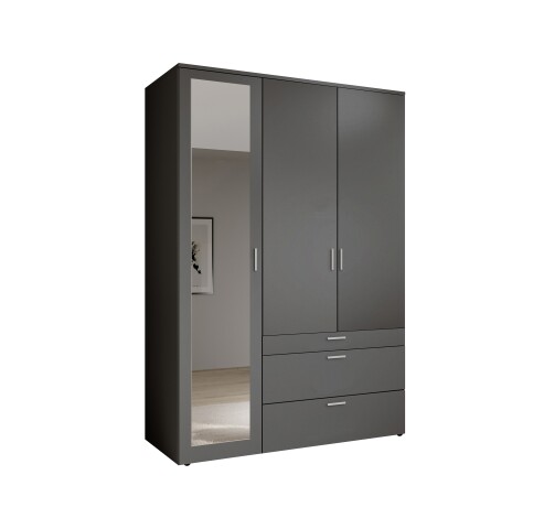 Drehtürenschrank >Vesala< 3 Türen, 3 Schübe, Graphit mit Spiegel - 135x195x56cm (BxHxT)