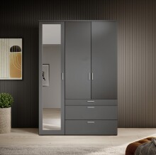 Drehtürenschrank >Vesala< 3 Türen, 3 Schübe, Graphit mit Spiegel - 135x195x56cm (BxHxT)