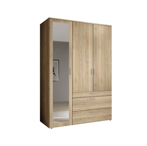 Drehtürenschrank >Vesala< 3 Türen, 3 Schübe, Mauvella Oak mit Spiegel - 135x195x56 (BxHxT)