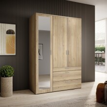 Drehtürenschrank >Vesala< 3 Türen, 3 Schübe, Mauvella Oak mit Spiegel - 135x195x56 (BxHxT)