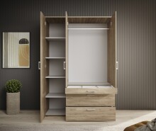 Drehtürenschrank >Vesala< 3 Türen, 3 Schübe, Mauvella Oak mit Spiegel - 135x195x56 (BxHxT)