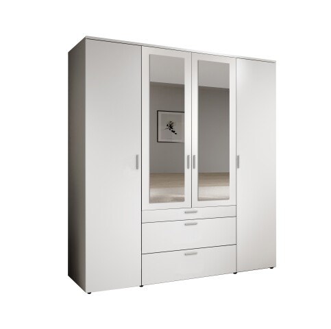Drehtürenschrank >Vesala< 4 Türen, 3 Schübe, Weiß / Spiegel - 180x195x56cm (BxHxT)