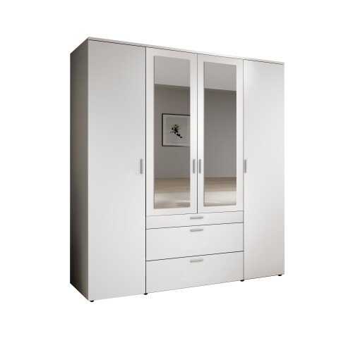 Drehtürenschrank >Vesala< 4 Türen, 3 Schübe, Weiß / Spiegel - 180x195x56cm (BxHxT)