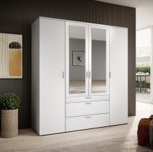 Drehtürenschrank >Vesala< 4 Türen, 3 Schübe, Weiß / Spiegel - 180x195x56cm (BxHxT)