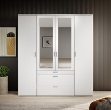 Drehtürenschrank >Vesala< 4 Türen, 3 Schübe, Weiß / Spiegel - 180x195x56cm (BxHxT)