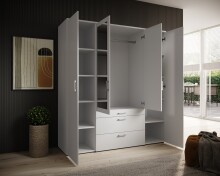 Drehtürenschrank >Vesala< 4 Türen, 3 Schübe, Weiß / Spiegel - 180x195x56cm (BxHxT)