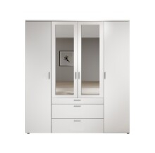 Drehtürenschrank >Vesala< 4 Türen, 3 Schübe, Weiß / Spiegel - 180x195x56cm (BxHxT)