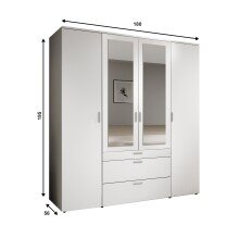 Drehtürenschrank >Vesala< 4 Türen, 3 Schübe, Weiß / Spiegel - 180x195x56cm (BxHxT)