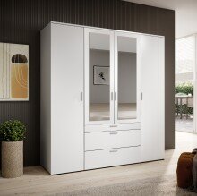 Drehtürenschrank >Vesala< 4 Türen, 3 Schübe, Weiß / Spiegel - 180x195x56cm (BxHxT)