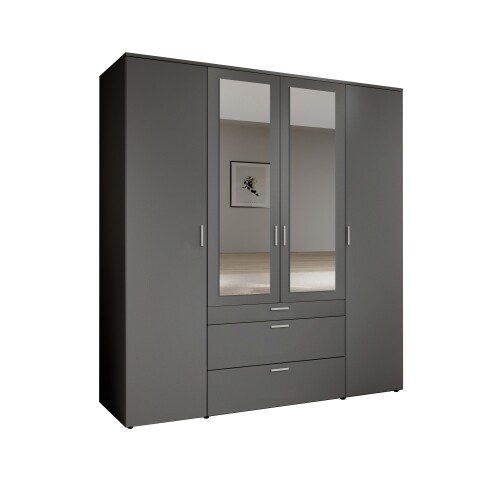Drehtürenschrank >Vesala< 4 Türen, 3 Schübe, Graphit / Spiegel - 180x195x56cm (BxHxT)