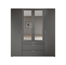 Drehtürenschrank >Vesala< 4 Türen, 3 Schübe, Graphit / Spiegel - 180x195x56cm (BxHxT)