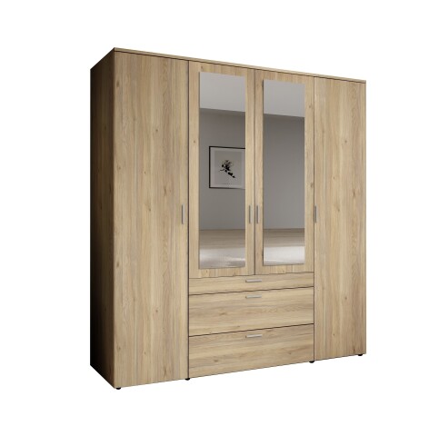 Drehtürenschrank >Vesala< 4 Türen, 3 Schübe, Mauvella Oak / Spiegel - 180x195x56 (BxHxT)