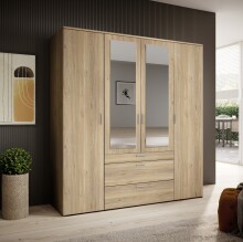Drehtürenschrank >Vesala< 4 Türen, 3 Schübe, Mauvella Oak / Spiegel - 180x195x56 (BxHxT)