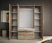 Drehtürenschrank >Vesala< 4 Türen, 3 Schübe, Mauvella Oak / Spiegel - 180x195x56 (BxHxT)