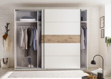 Schwebetürenschrank >Leo< 3 Böden, 3 Stangen, Viking Oak hell / Weiß - 270,1x225,5x59,6 (BxHxT)
