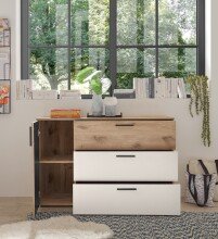 Sideboard >Daria< 1 Tür, 3 Schübe, Viking Oak Dekor hell / Weiß - 125x82,6x40cm (BxHxT)