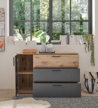 Sideboard >Daria< 1 Tür, 3 Schübe, Viking Oak Dekor / Graphit - 125x82,6x40cm (BxHxT)