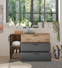 Sideboard >Daria< 1 Tür, 3 Schübe, Viking Oak Dekor / Graphit - 125x82,6x40cm (BxHxT)