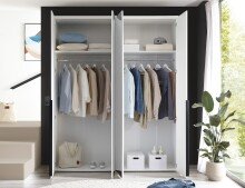 Drehtürenschrank >Kevo<  4 Türen, 2 Böden, Weiß / Spiegel, Dekor - 180x225x52cm (BxHxT)