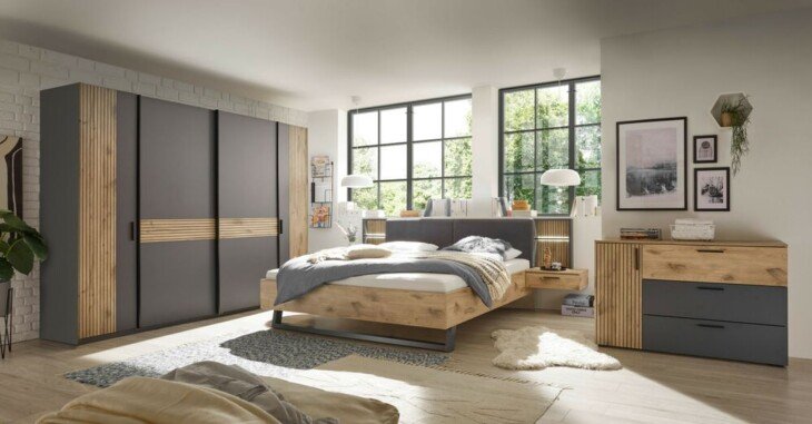 Schlafzimmer-Set >Daria< (3-teilig) Kleiderschrank, Bett, Kommode, Viking Oak Dekor / graphit