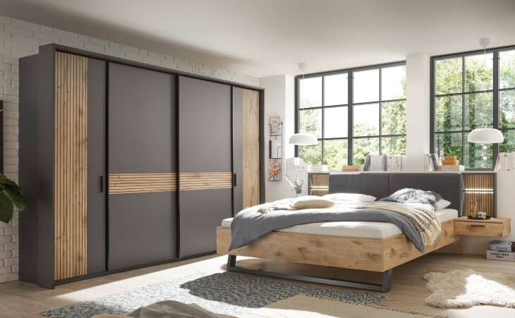 Schlafzimmer-Set >Daria< (3-teilig) Kleiderschrank, Passepartout , Bett, Viking Oak / Graphit